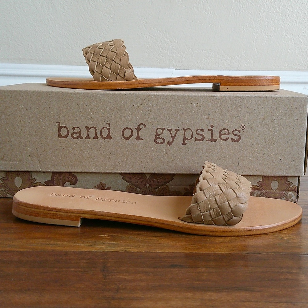 B.O.G Band of the Free Brown Tan Malibu Slides Leather Woven Sandals Shoes W7